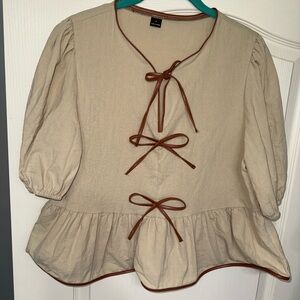 SHEIN Beige Peplum Blouse with Brown Tie Accents